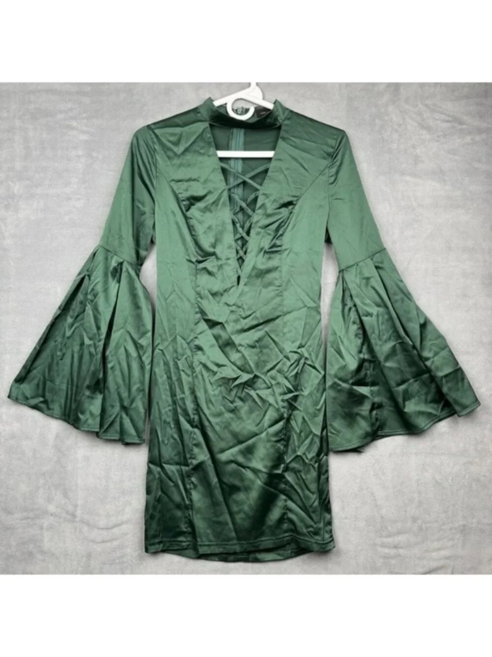 Miss Avenue Deep Green Lace-Up Bell Sleeve Dress